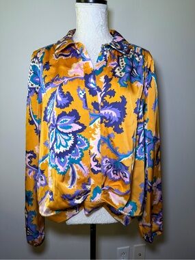 Mustard Floral Satin Button-Front Blouse